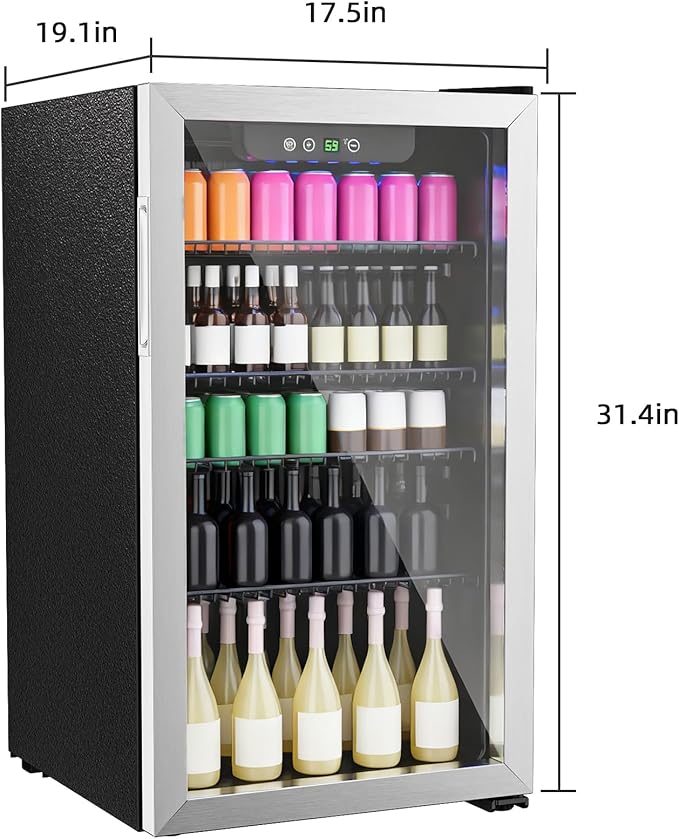 Compact Beverage Refrigerator,126 Can/3.2 Cubic Feet Fridge with Glass Door for Soda, Beer Under Counter Small Refrigerator with Adjustable Shelve & LED Display(Silver)
