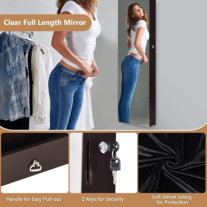 HAPPYGRILL Over the Door Jewelry Organizer, Hanging Jewelry Storage Cabinet w/Full-Length, Inner Makeup Mirror, Earring Shelves, Ring Slots, 25 Necklace Hooks, Wall Mounted Jewelry Armoire for Women