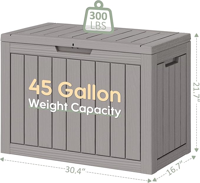 45 Gallon Outdoor Storage Deck Box Waterproof,Garden Tool,Backyard Cushion,Poolside Storage,Small Delivery Boxes for Outside,UV-Resistant & All-Weather,Wood-like Striped Gray