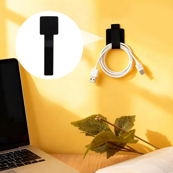 20pcs Hook and Loop Cable Ties, 3.55 Inch Self Adhesive Cable Management Straps for Desktop Network Wires, Adjustable Reusable Appliances Cord Organizer for Office Home Desk - Black