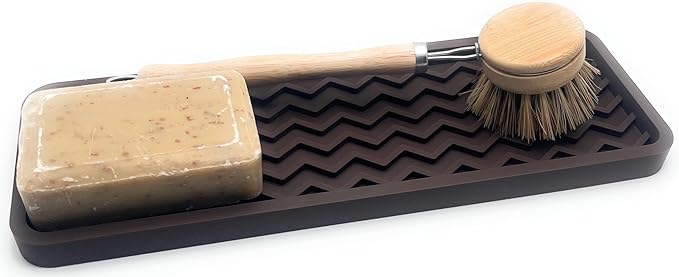 Happitasa Silicone Kitchen Sink Organizer Tray, Sponge Holder and Countertop Protector | Bathroom and Kitchen Soap Dish and Dispenser Tray (Dark Chocolate, 12" x 4", 9.2 Ounces, Zigzag)