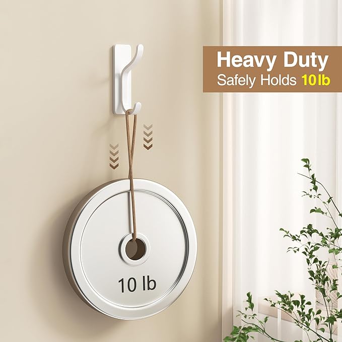 pickpiff 10-Pack Self Adhesive Wall Hooks for Hanging - 13 LB Strong Hold, Sticky Hangers for Coat, Towel, Purse, Keys, Bag - for Wall, Door, Bathroom, Shower, Dorm, Kitchen - Stainless Metal, White