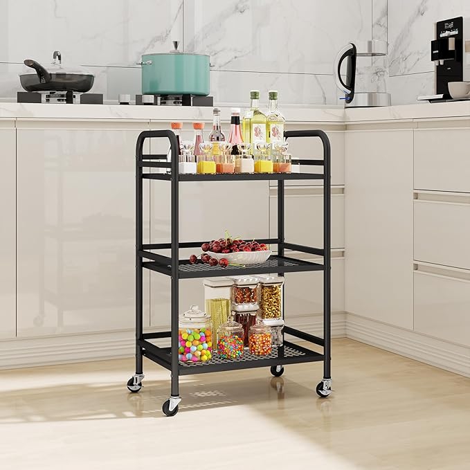 HDANI 3 Tier Rolling Cart,Heavy Duty Multifunctional Metal Frame-Supports 22 Lbs Per Tier,Mesh Rolling Cart with 2 Lockable Wheels for Office,Home,Bedroom,Kitchen,Bathroom,Black