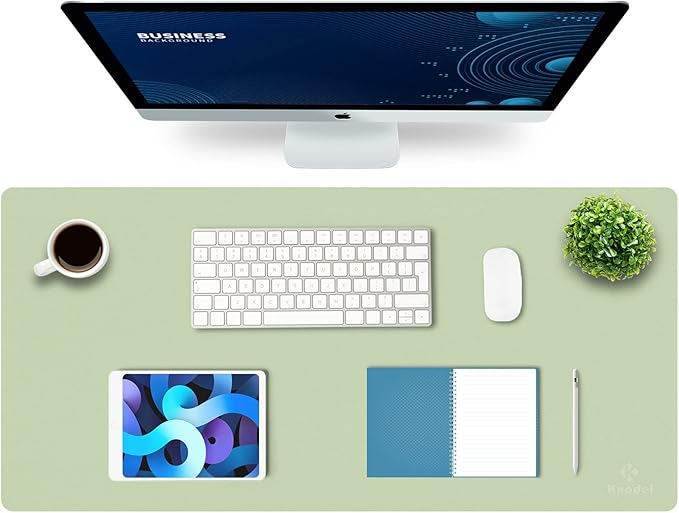 K KNODEL Large Office Leather Desk Mat, Mouse and Keyboard Pad, Computer and Laptop Mat, Desktop Protector and Cover, Writing Pad and Blotter (35.4"x17", Light Green)