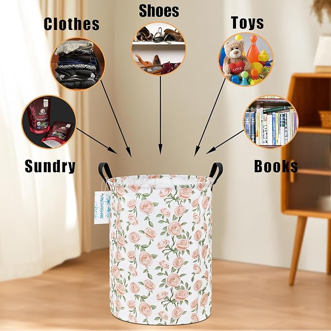 LANGYASHAN Laundry Basket Canvas Fabric Collapsible Organizer Basket for Storage Bin Toy Bins Gift Baskets Bedroom Clothes Children Nursery Hamper (Rose)