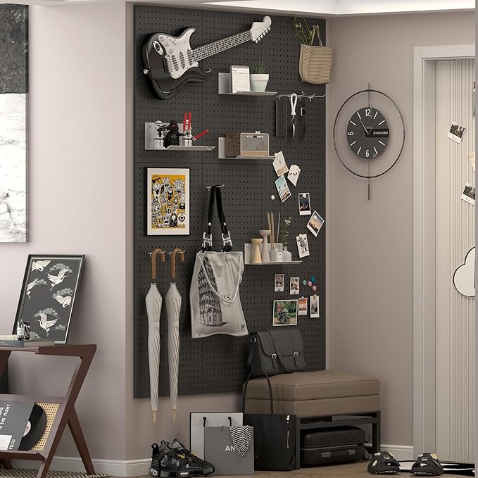 Peg Board,4 Pack Metal Pegboard Panels and Accessories,Heavy Duty Peg Board, Black Wall Pegboards Organizer for Garage,Bedroom,Ornaments Display