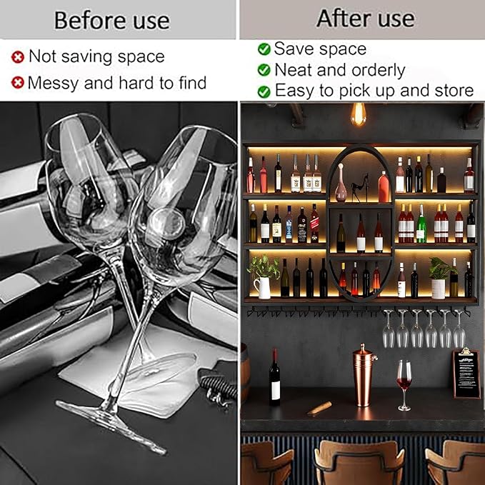 71IN Large Wall Mount Wine Rack, Metal 4 Tier Hanging Bottle Holder with Wine Glass Storage Racks, Modern Floating Wine Shelves for Home Bar Dining Room Decoration (Gold)