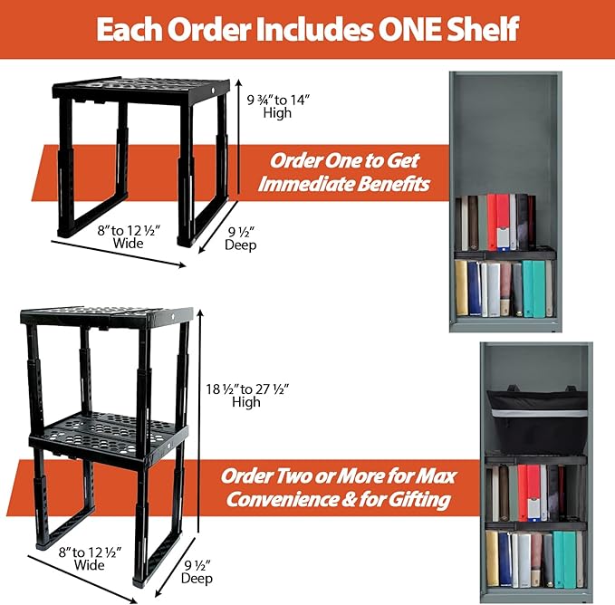Locker Organizer Shelf， Adjustable Width and Height, Ideal Locker for School, Office, and Gym Lockers (Black 2 Pack), PLKSLF01
