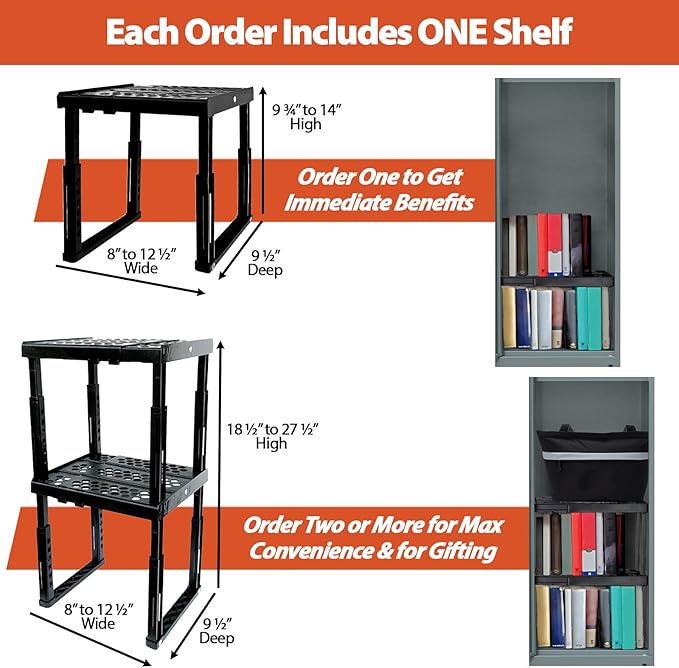 Locker Organizer Shelf， Adjustable Width and Height, Stackable, Ideal Locker Shelf for School, Office, Gym Lockers, or Even Kitchen Cabinets & Under Sink Organization (Black)