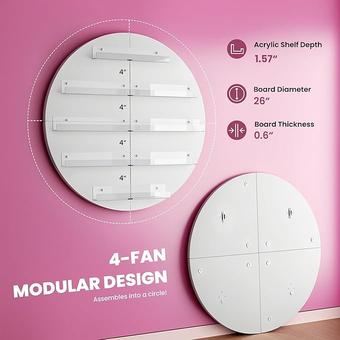Wall Mount Nail Polish Organizer, Wood Nail Polish Rack w/Acrylic Barrier, 5-Tier Round Storage & Display Shelf, Perfume Essential Oil Bottles Holder, White