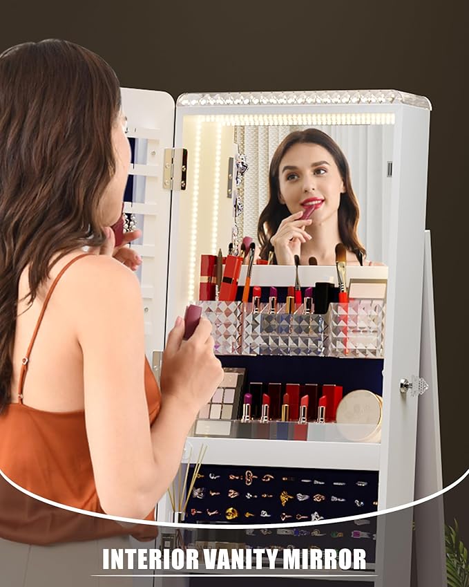 Full Length Mirror with Storage, Standing Mirror Jewelry Cabinet with 3 Color LED Lights, 360° Swivel Jewelry Armoire with Mirror & Storage Shelves, White
