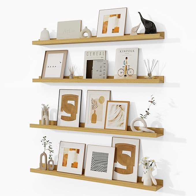 Fun Memories Picture Ledge Shelf, Floating Shelves Set of 4, 36 Inch Picture Shelves for Wall with Ledge, Large Nursery Book Shelf for Toys Storage, Living Room, Bedroom Decor Frames, Oak