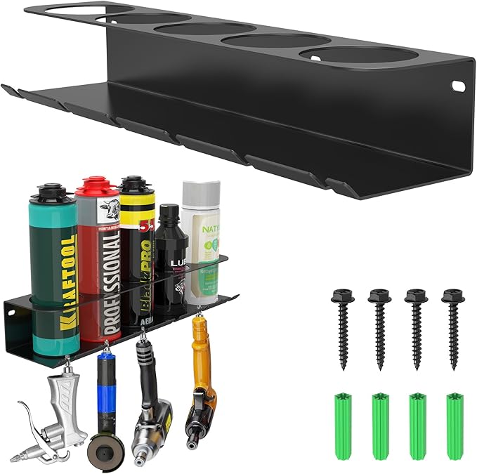woiron Pneumatic Tool Holder/Aerosol Rack Combo, Wall Mounted Spray Can Bottle Holder, Air tool organizer, for Garage and Workspace - Black