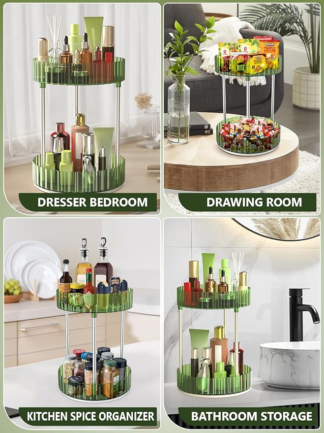 Makeup Organizer,360° Rotating Makeup Organizer,2-Tier Round Rotating Skincare Organizer Countertop,Fits Bedroom, Bathroom, Vanity Shelf Countertop(Green)