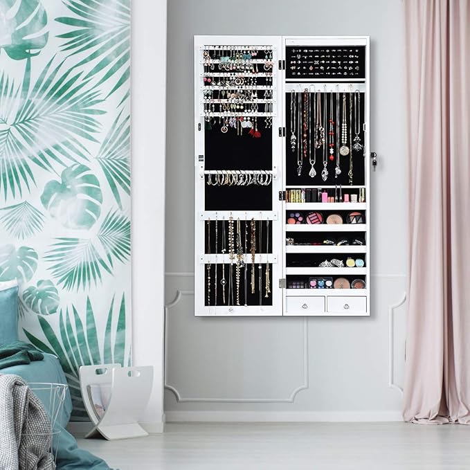 Giantex 15 LEDs Jewelry Armoire, Wall Mounted or Door Hanging, Lockable Jewelry Cabinet with Full Length Mirror, Large Storage Jewelry Organizer Box Armoire for Girls Women (14.5"W x 3.5"D x 47.5"H)