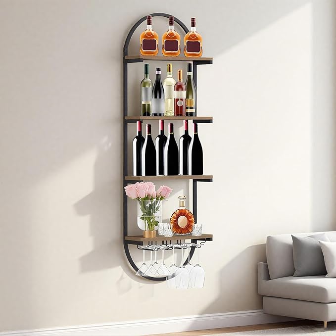 Wall Mount Wine Rack, 3-Tier Metal Oval Design Wine Rack Wall Mounted, Wine Bottle Holder for Home Bar, Wine Kitchen Storage Liquor, Champagne (Black, 4PCS)