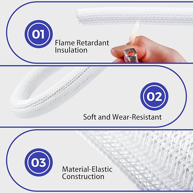 Cable Management Sleeves 1in - 2 Pack 4.1ft Split Braided Cable Sleeve White, Hard PE Cord Protectors from Pets, Wire Organizers for Cords, Flexible Cord Wrap Wire Sleeve for Computer Cord Organizer