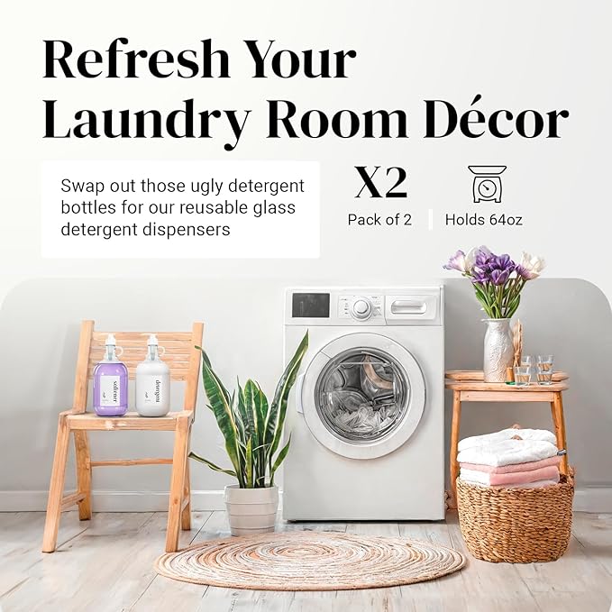 Glass Laundry Detergent Dispenser - 2 Pack, 64oz, Glass Jar with Pump and Lid for Fabric Softener, Liquid Soap, Shampoo & Syrup, Leakproof Half Gallon Jug for Laundry Room Organization