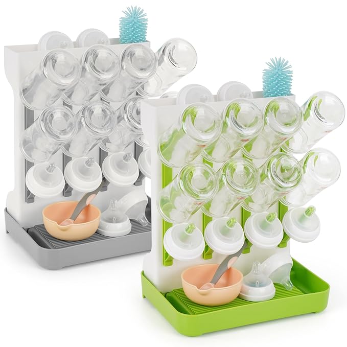 Baby Bottle Drying Rack, 2PCS Space Saving Baby Bottle Organizer for Countertop, Vertical Bottle Dryer Holder with Brushes Holder, Large Bottle Storage Holder 12 Bottles & Baby Accessories