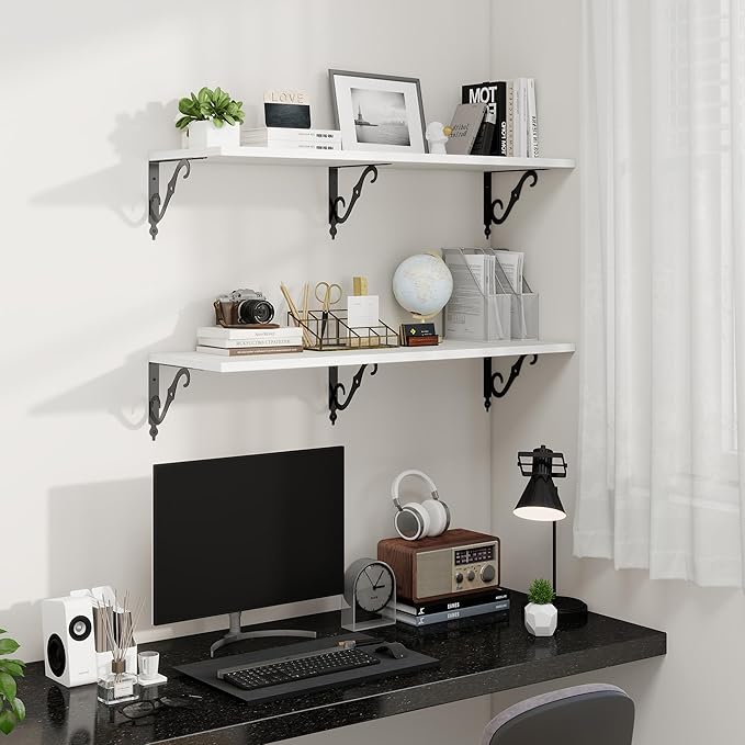 Fun Memories 40 Inch Floating Shelves Wall Mounted, 12 Inch Deep Wall Shelves with Bracket, Rustic Hanging Bookshelf, 40" Bookshelves for for Living Room, Kitchen and Bedroom, White, Set of 2