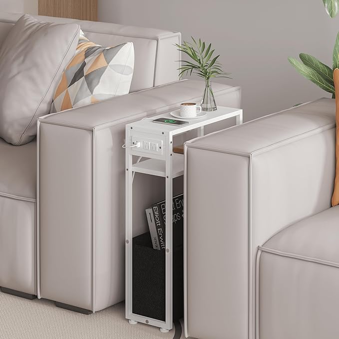 White Side Table with Charging Station, Slim End Tables with Fabric Basket, Skinny Table for Small Spaces, Thin Bedside Table for Living Room, Bedroom