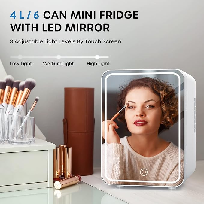 ECOWELL Mini Skincare Fridge with LED Mirror, 4L/6Can Skin Care Fridge for Makeup Cosmetic Beauty, Small Refrigerator for Bedroom Office Dorm Car, Cooler & Warmer, White