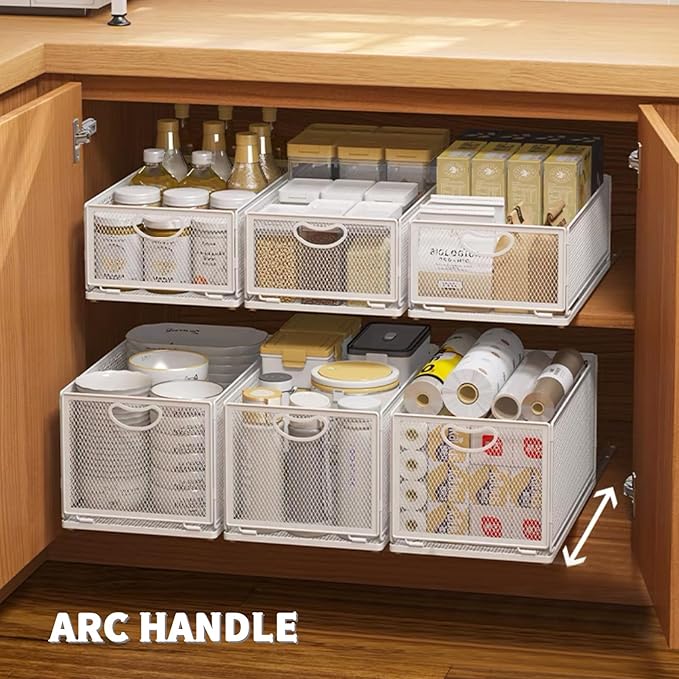 Sliding Cabinet Basket Organizer Drawer Self Adhesive Slide out Pantry Shelves Heavy Duty Carbon Steel Slide Cabinet Storage Basket with Handle for Bathroom Kitchen Home