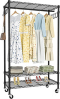 Garment Rack Heavy Duty 3 Tiers Adjustable Freestanding Metal Rolling Clothing Rack with Double Rods and Side Hooks for Hanging Clothes, Black