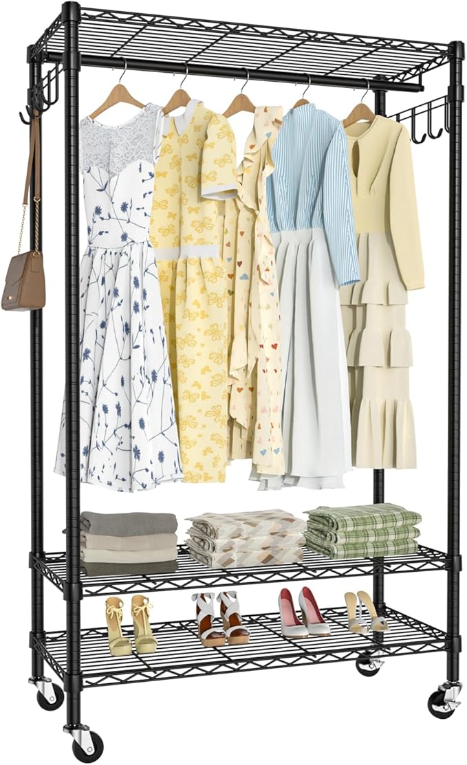 Garment Rack Heavy Duty 3 Tiers Adjustable Freestanding Metal Rolling Clothing Rack with Double Rods and Side Hooks for Hanging Clothes, Black