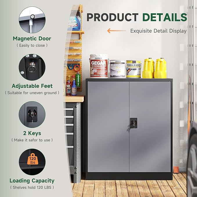 Letaya Metal Storage Cabinets with Lock Door,2 Adjustable Shelves Organizer Steel Storage Cabinets for Home,Office,Warehouse,Garage,Employee Lockers(Black Gray)