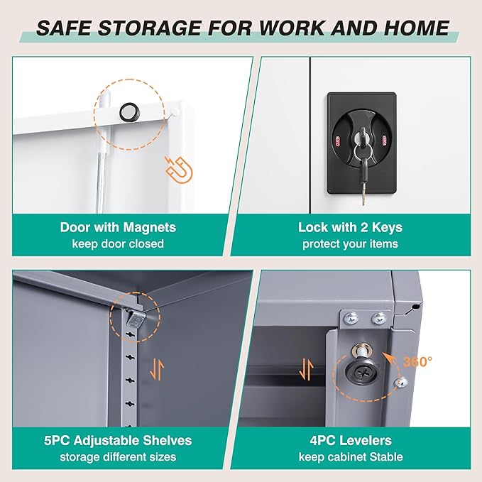 Wide & Deep Metal Storage Cabinet with 6 Shelves,72 inch Tall Garage Storage Cabinet with Lock,Gray White Metal Cabinets with Locking Doors,Large Steel Lockable Cabinets for Home,Office,Shop,Garage