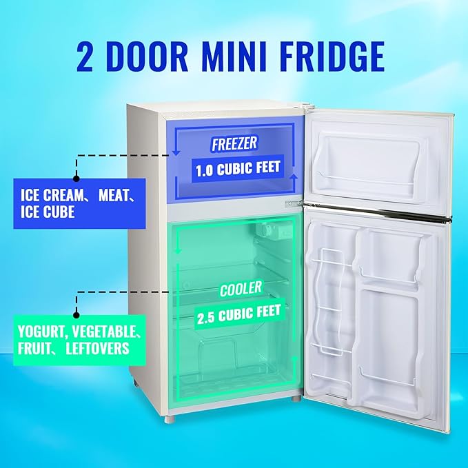 Mini Refrigerator with Freezer Small Fridge Double Door Side Drink Holder Adjustable Glass Shelves, Plastic Crisper, 7 Level Temperature Control for Bedroom, Office, Apartment White