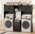 Over The Washer and Dryer Storage Cabinet, Laundry Room Organizer Standing Shelf with Tilt-Out Laundry Hamper Cabinet and Hooks, Space Saving Laundry Room Cabinets