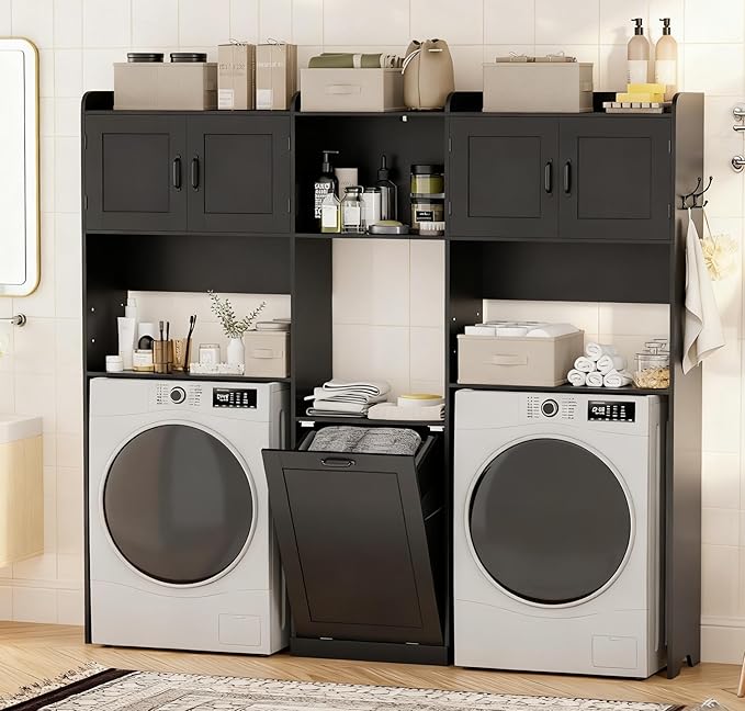 Over The Washer and Dryer Storage Cabinet, Laundry Room Organizer Standing Shelf with Tilt-Out Laundry Hamper Cabinet and Hooks, Space Saving Laundry Room Cabinets
