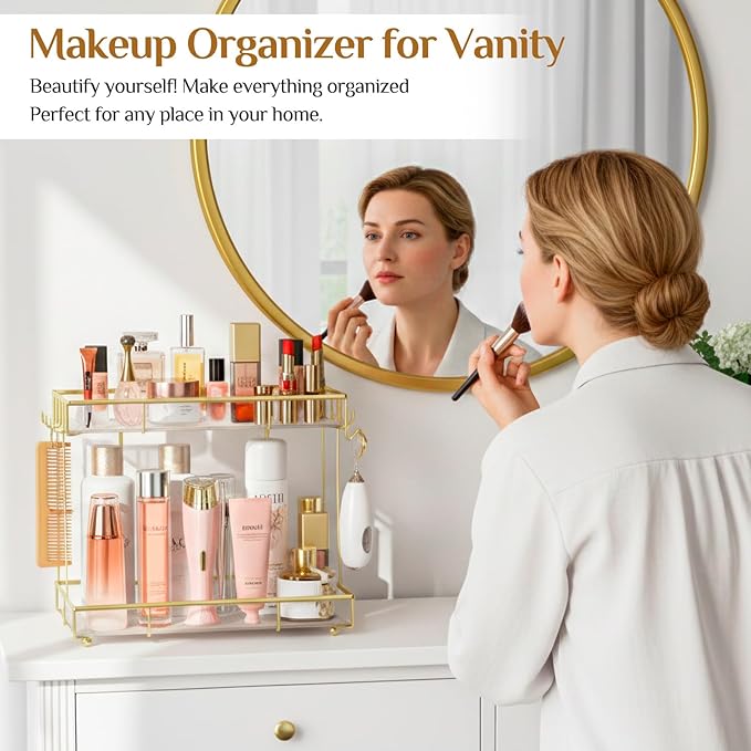 Bathroom Organizer Countertop Perfume Organizer Makeup Organizer Cosmetics Storage Display Rack Vanity Tray Dresser Steel Gold Shelf Transparency Wavy Acrylic Tray (2 Tier Golden)