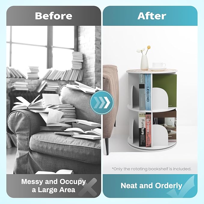 2-Tier Rotating Bookshelf 360° Revolving Bookcase, Floor Standing Bookcase Book Storage Organizer Display Rack, Round Bookshelf with Dividers & Anti-Falling Baffles for Living Room, Study Room