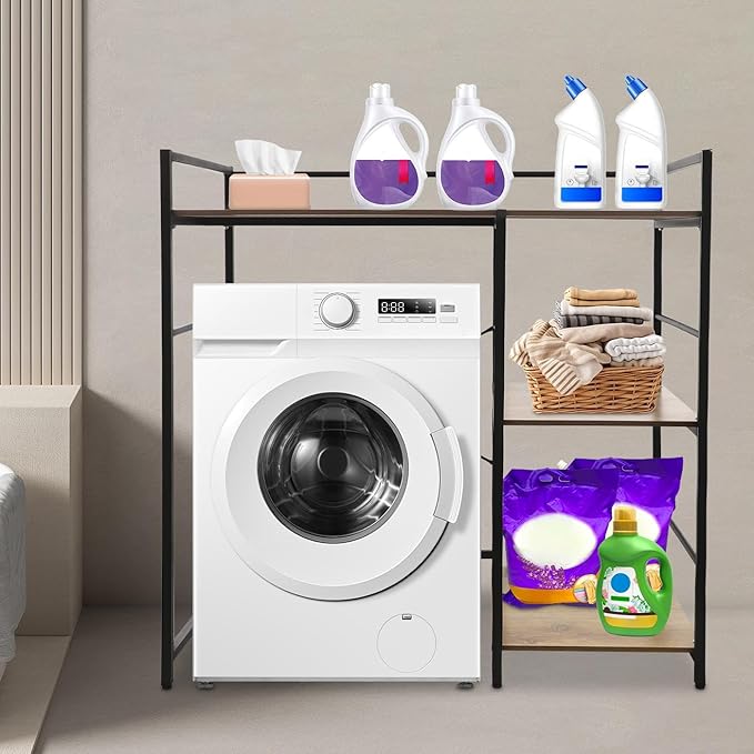 3 Tier Washing Machine Shelf, Over The Washer and Dryer Storage Shelves Space Saving Shelving Units Drying Organizer Stand with Side Racks for Laundry Room Apartment Bathroom (Black, Brown)