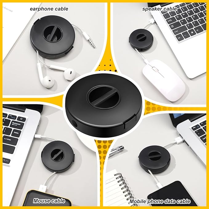 9 Pcs Charging Cord Organizer Black Portable Charger Cord Holder Round Storage Cable Winder Retractable Cable Management Flexible USB Reel for Home Office Classroom Wire Charger2.48 * 0.67in