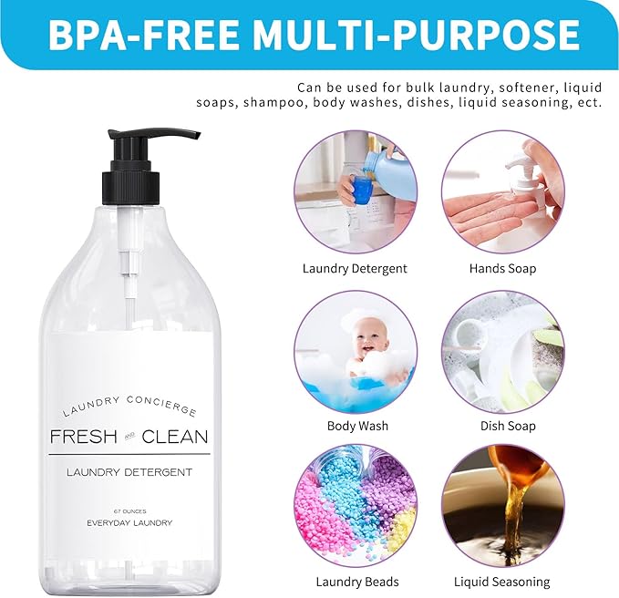 1/2 Gallon Laundry Detergent Dispenser Bottle - Refillable Fabric Softener Clear Pump Bottle - Liquid Soap Dispenser for Laundry Room Organization, BPA Free & PET Plastic - Pack of 2