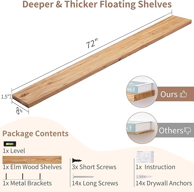 Axeman Rustic Elm Wood Floating Shelves - 72'' W x 8" D Wall Mantel Shelf with Invisible Bracket, Large Long Wall Mounted Storage Shelves for Living Room, Bedroom, Kitchen, Bathroom, Natural