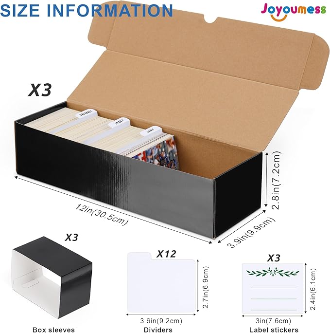 Trading Card Storage Box with Dividers, Cardboard Card Organizer Box for Baseball, Sports, Game, Playing Card Collection, pack of 3, Black