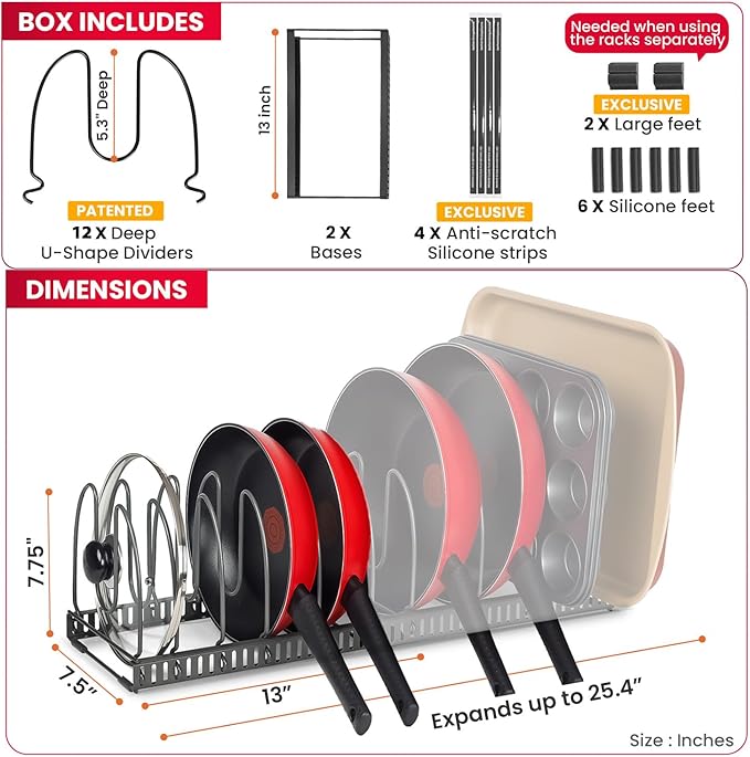 Better Things Home 12+ Expandable Pan and Pot Lid Organizer Rack for Cabinet, Pot Lid Holder Pot Organizers Inside Cabinet, Pots and Pans Organizer Under Cabinet (Dark Grey, PAN & BAKEWARE)