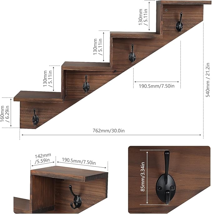 Coat Rack Wall Mount with Shelf, Brown Ladder Shelf with Hooks Underneath, Wall Mounted Rise Wooden shelves for Decorative, 4 Double Hooks for Hanging Coats, Keys, Books, Flowers, Planter, Towels