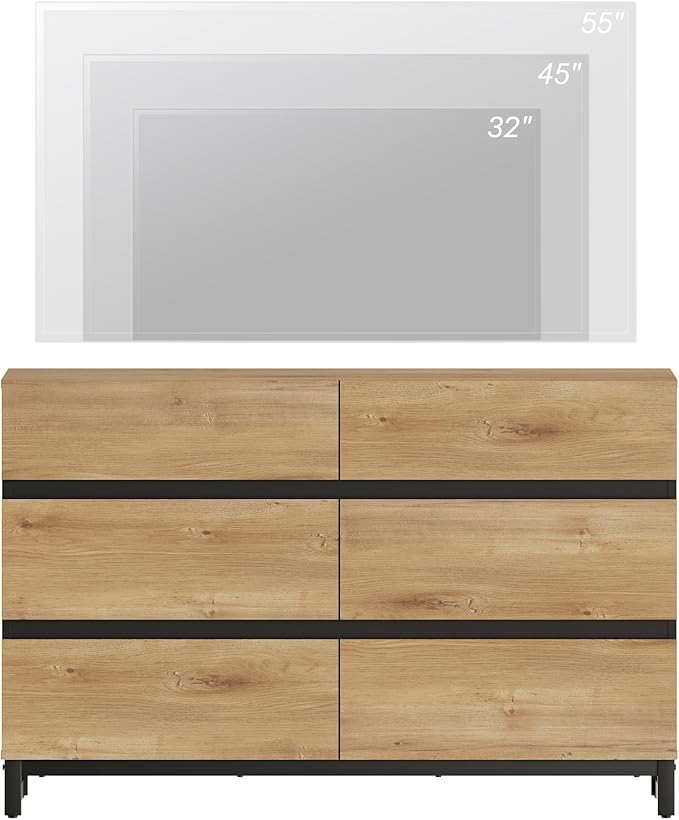 WAMPAT Dresser for Bedroom, Modern Wood Dresser with 6 Drawers, Chest of Drawers with Metal Base, Closet Organizers for Living Room, Entryway, Oak