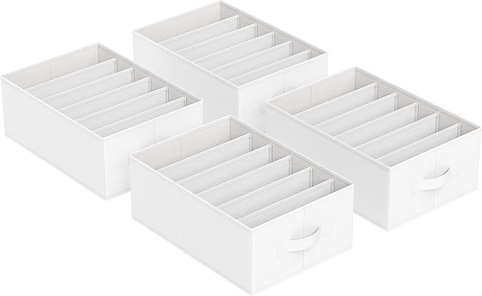 SONGMICS Set of 4 Large Size Wardrobe Clothes Organizers, 6-Compartment Foldable Drawer Organizers with Handles, 16.5 x 11.8 x 6.7 Inches, for Pants, Sweaters, Jeans, Cloud White URUS009W04
