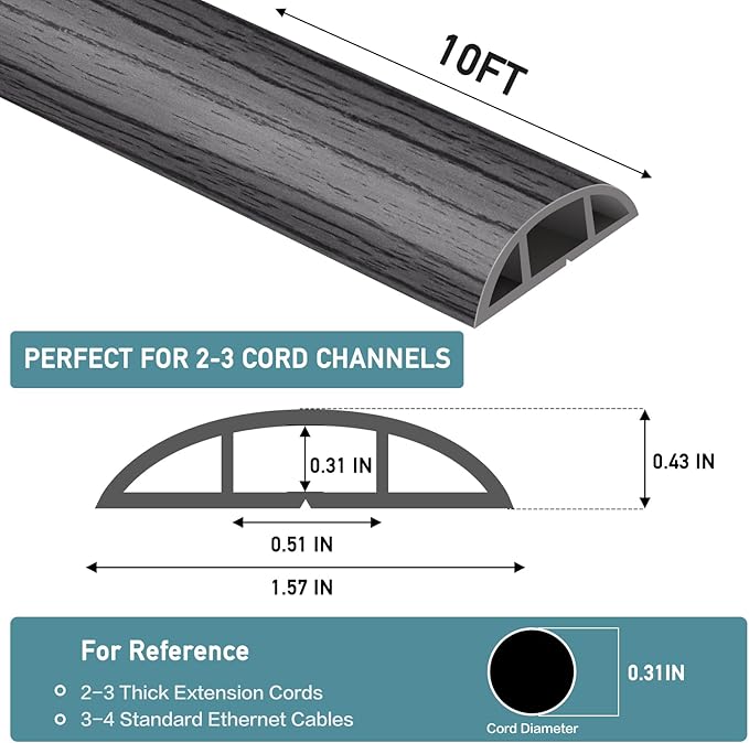 Floor Cord Cover Self Adhesive Cord Hider Floor Extension Cord Covers for Floor Power Cord Protector Cable Management Prevent Cable Trips Cable Cavity 0.51" W x 0.31" H (Deep Grey Wood, 10Ft)