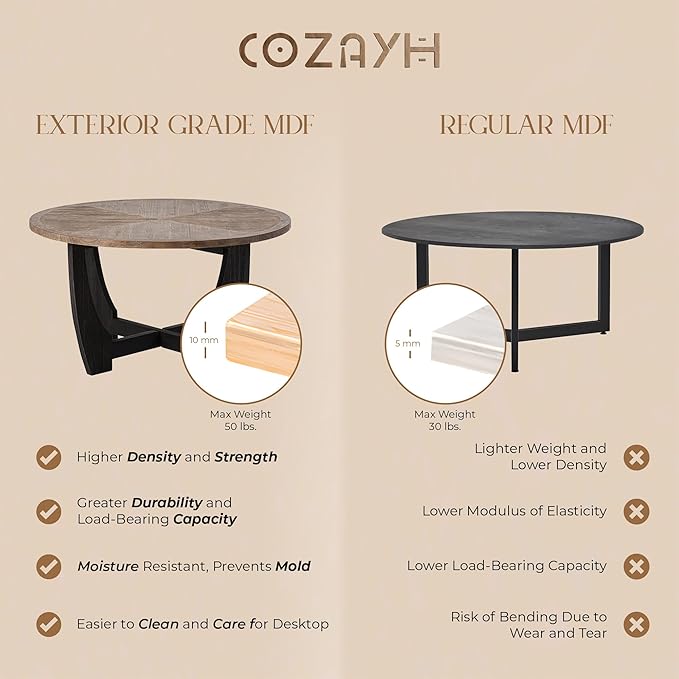 COZAYH Rustic Farmhouse Coffee Table with Crisscross Base, French Country Accent Table for Family, Dinning or Living Room, Modern, Round