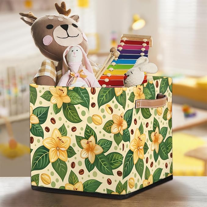 TropicalLife 13x13x13 Inch Large Fabric Storage Cube Yellow Flower Foldable Storage Bin with Handles Organizer Boxes Cube Basket for Shelves Organizing Closet