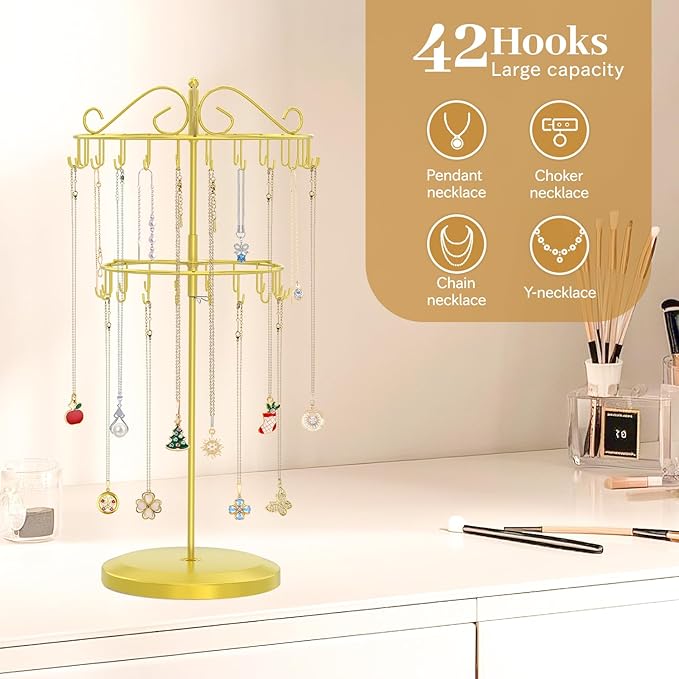 MODOWEY Rotating Necklace Holder Organizer Display Stand with 42 Hooks, 2 Tier Adjustable Metal Tree for Long Necklace Hanger Selling, Tall Spinning Bracelet Storage Rack for Men Women, Gold