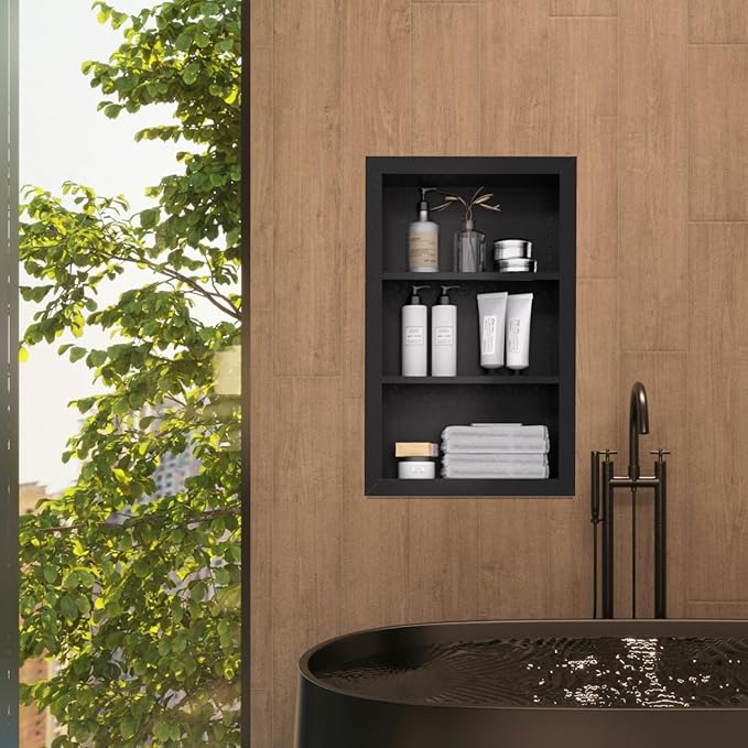 14" x 24" Stainless Steel Shower Niche, 3-Tier Waterproof Shelves, No-Tile Needed Bathroom Organizer, Rustproof Wall Shelf for Shampoo, Soap & Toiletries, Black